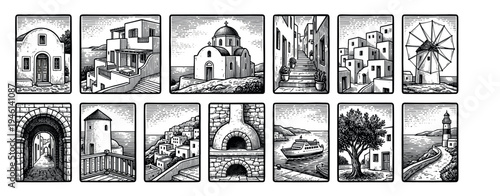 Set of twelve black and white illustrations showing Mediterranean coastal town scenes in a vintage woodcut style, featuring houses, a church, a windmill, and a lighthouse