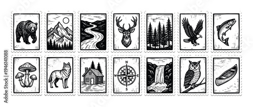 Collection of black and white linocut postage stamps featuring nature and wildlife illustrations like a bear, deer, wolf, and eagle in a rustic, hand-carved woodcut style