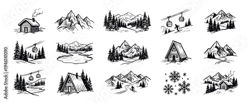 Set of hand-drawn winter mountain icons featuring cabins, ski lifts, pine trees, and snowy peaks in a black and white sketch doodle style for adventure and travel themes
