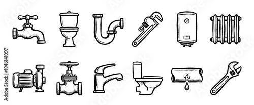 Hand-drawn plumbing icons set with various equipment like a toilet, faucet, pipe, wrench, and radiator in a black and white sketch doodle style for repair and service concepts