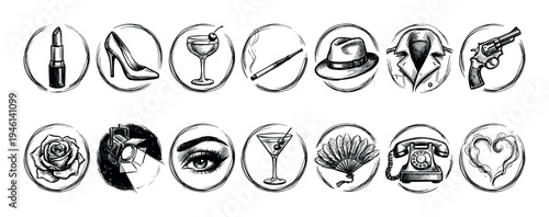 Hand-drawn set of film noir icons featuring a detective's fedora, a femme fatale's lipstick, a revolver, and a cocktail glass in a vintage monochrome sketch style