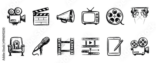Set of hand-drawn cinema icons featuring a movie camera, clapperboard, film reel, and popcorn, rendered in a black and white sketch style for media and entertainment concepts