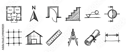 Collection of hand-drawn architectural sketches and symbols including a floor plan, compass, ruler, and house elevation in a black and white doodle style for design concepts