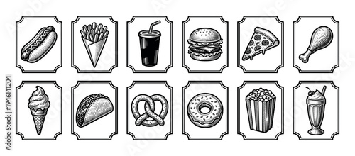 Set of twelve fast food icons in a black and white vintage woodcut illustration style featuring a hamburger, hot dog, fries, pizza, soda, and other classic menu items