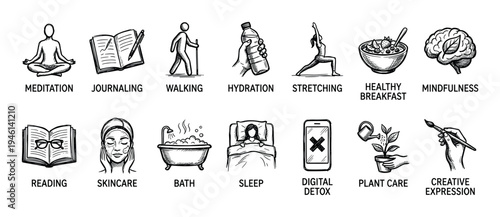 Collection of hand-drawn self-care icons representing wellness activities like meditation, journaling, walking, and hydration in a black and white sketch style for a healthy lifestyle