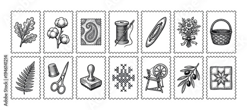 Set of vintage craft and sewing icons in a detailed black and white engraving style, featuring a spinning wheel, thread, scissors, cotton, and other textile art symbols