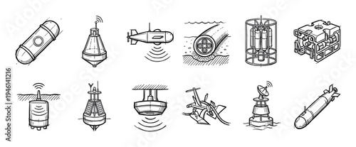 Collection of hand-drawn underwater technology icons showing various marine research and military equipment like buoys, sonar, drones, and torpedoes in a sketch style