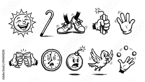 Hand-drawn cartoon doodle set with various characters and objects including an expressive sun, a ticking bomb, a shocked clock, and juggling hands in a retro ink sketch style