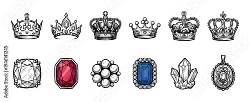Set of twelve hand-drawn royal crowns and precious jewels illustrated in a detailed vintage sketch style, including tiaras, diamonds, pearls, sapphires, and rubies