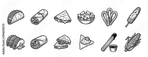 Set of traditional Mexican food illustrations including taco, burrito, nachos, quesadilla, churros, and elote in a vintage black and white engraving sketch style