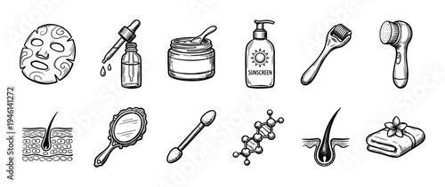 Collection of black and white skincare and beauty doodle icons showing a face mask, serum, cream, sunscreen, derma roller, and other cosmetic tools in a detailed sketch style