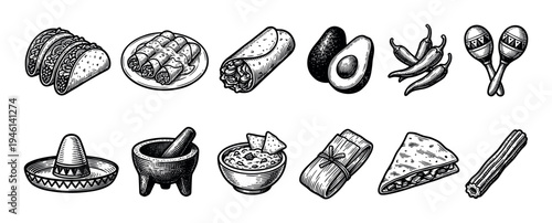 Set of vintage black and white Mexican food illustrations including tacos, burrito, guacamole, enchiladas, chili peppers, and a sombrero, all rendered in a detailed engraving sketch style