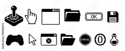 Collection of black pixel art icons in a retro 8-bit style, featuring classic computer user interface elements like cursors, windows, folders, buttons, and gaming symbols