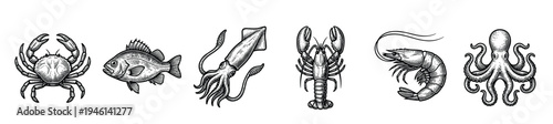 Set of vintage seafood illustrations in a detailed black and white engraving style, featuring a crab, fish, squid, lobster, shrimp, and octopus for culinary design