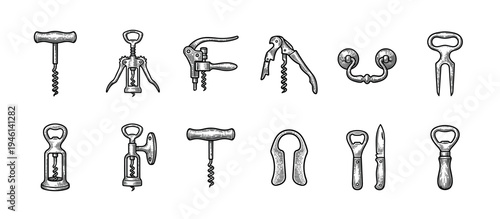 Set of vintage corkscrews and bottle openers in a black and white engraving style, showcasing various designs for wine and beer bottles, including T-shaped and winged models
