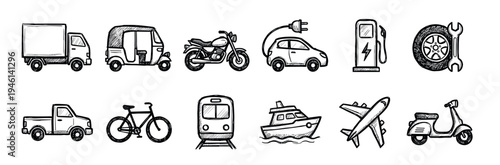 Hand-drawn transportation icon collection featuring various vehicles like a truck, car, motorcycle, train, airplane, and boat, all illustrated in a simple black and white doodle sketch style