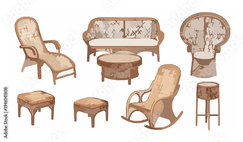 Hand painted watercolor wicker rattan furniture vector set with boho interior decor elements isolated