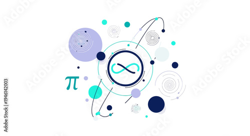 Vector illustration of a Pi Day symbol with mathematical formulas and icons on a colorful background, representing a special number in business and art.