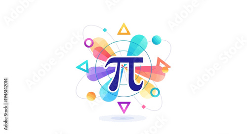 Vector illustration of a colorful Pi day symbol surrounded by mathematical formulas and geometric shapes on a white background, representing a special number in business and art.