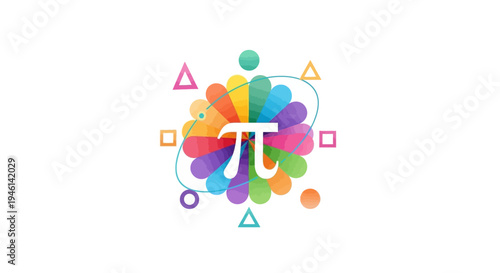 Colorful illustration of the Pi symbol surrounded by mathematical shapes and symbols on a white background, representing Pi Day with a vibrant and playful design.