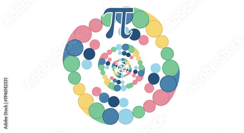 Colorful illustration of the Pi symbol surrounded by a spiral of multicolored circles on a white background, representing the mathematical concept of Pi Day with a mix of decimal numbers