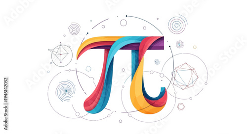 Colorful illustration of the Pi symbol surrounded by mathematical formulas and geometric shapes on a white background, representing the Pi day concept with a vibrant and artistic design.