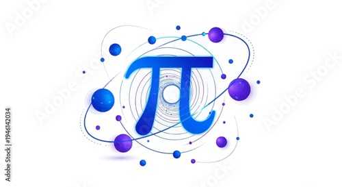 Illustration of the Pi symbol surrounded by colorful mathematical formulas and orbits on a white background, representing the Pi day concept in a creative design.