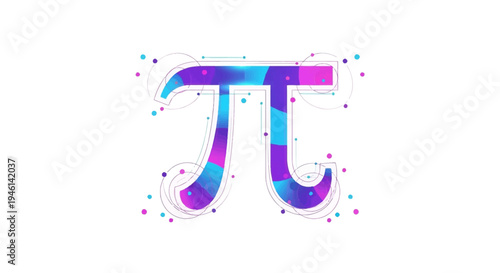A colorful, stylized pi symbol with a mathematical formula design on a white background, representing the special number and Pi Day celebration in a vibrant, artistic way with a mix of