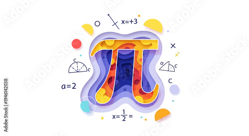 Colorful illustration of the Pi symbol surrounded by mathematical formulas and symbols on a white background, representing Pi Day with a vibrant, artistic design.