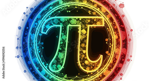 A colorful illustration of the Pi symbol surrounded by a vibrant, rainbow-colored design with a mathematical formula concept on a white background, representing Pi Day.