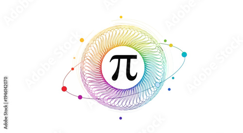 Vector illustration of the Pi symbol surrounded by a colorful, swirling mathematical design on a white background, representing the Pi day concept with a mix of rainbow hues and decimal