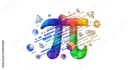 A colorful illustration of the Pi symbol surrounded by mathematical formulas and geometric shapes on a white background, representing the Pi day concept with a vibrant and dynamic design.
