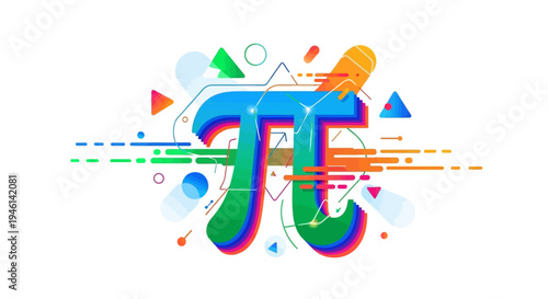 A colorful illustration of the Pi symbol surrounded by mathematical formulas and geometric shapes on a white background, representing the Pi day concept with a mix of vibrant lines and