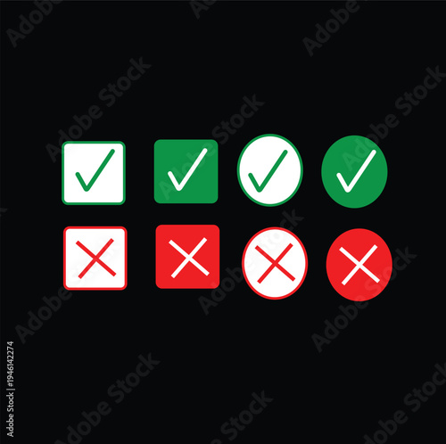 Colorful check and cross marks displayed on a black background