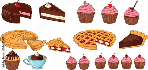 Sweet Dessert Vector Set Featuring Chocolate Cake, Cherry Pie, Cupcakes, and Hot Cocoa with Cream Cute Bakery Pastry Illustrations for Menu and Food Design