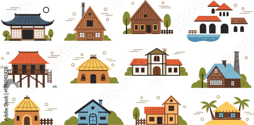 Traditional Village Houses Around the World Vector Set Featuring Japanese, African, European, Tropical, and Rural Architecture Illustrations for Cultural and Travel Design
