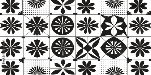 Black and White Geometric Floral Tile Pattern Set with Abstract Flower Shapes, Decorative Square Tiles, Modern Seamless Background for Interior and Textile Design