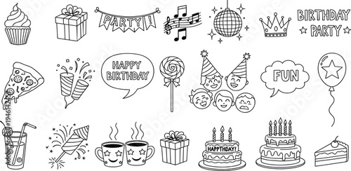 Birthday Party Doodle Icon Set with Cake, Gift Box, Balloons, Crown, Cupcake, Candy, Pizza, Drinks and Celebration Elements for Festive Event Designs