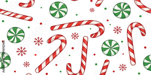 Christmas Candy Cane Seamless Pattern with Peppermint Candy, Snowflakes, and Festive Holiday Sweets Background for Wrapping Paper, Textile, and Seasonal Design