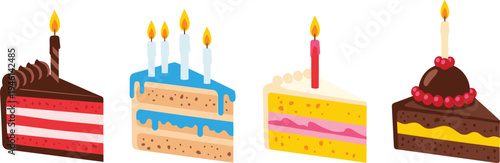 Colorful Birthday Cake Slice Vector Set with Candles, Chocolate and Cream Dessert Illustrations for Bakery, Party Celebration, Sweet Food Menu and Festive Design
