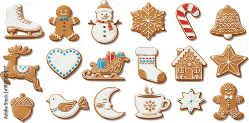Christmas Gingerbread Cookie Icon Set with Snowman, Reindeer, Sleigh, Candy Cane, Bell, Star, and Holiday Dessert Biscuit Vector Illustrations