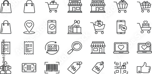 Ecommerce and Online Shopping Line Icon Set with Cart, Store, Mobile Payment, Discount Tags, Wishlist, Barcode, Receipt and Digital Retail Symbols