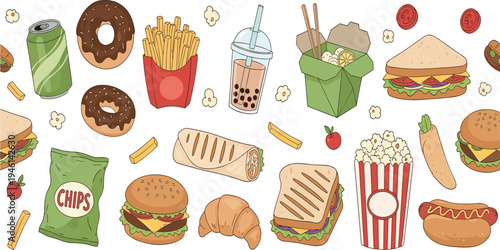 Fast Food Vector Illustration Set with Burger, Fries, Donut, Bubble Tea, Sandwich, Popcorn, Hot Dog, and Street Snack Cartoon Elements