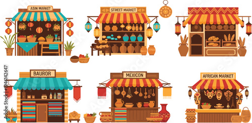 Global Traditional Street Market Stalls Vector Set Featuring Asian, Mexican, African, and Cultural Craft Shops with Food, Pottery, Lanterns, and Handmade Goods