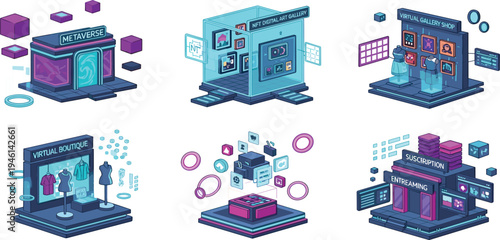 Metaverse and NFT Marketplace Isometric Vector Set with Virtual Gallery, Digital Art Display, Online Boutique, Streaming Platform, and Blockchain Technology Illustrations