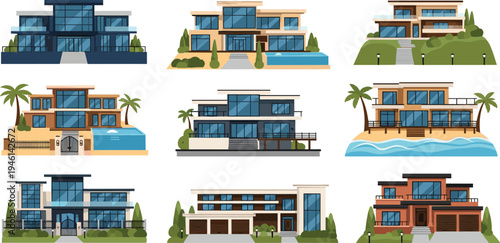 Modern Luxury House and Beach Villa Vector Set Featuring Contemporary Residential Architecture, Glass Facade Homes, Waterfront Villas, and Suburban Real Estate Buildings