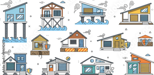 Natural Disaster Resistant House Vector Set with Flood, Storm, and Earthquake Protected Homes, Elevated Buildings, and Safe Architecture Illustrations