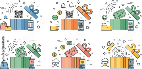 Online Shopping and Digital Payment Vector Set with QR Code Checkout, Gift Boxes, Mobile Wallet, Discount Coupons, and Ecommerce Transaction Illustrations