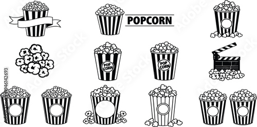 Popcorn Bucket Outline Icon Set with Cinema Snack Containers, Popped Corn, and Movie Theater Line Art Illustrations for Film and Entertainment Design