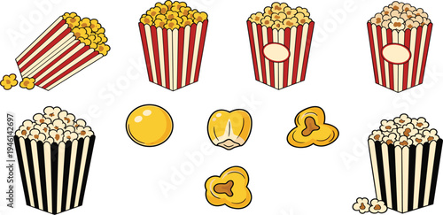 Popcorn Bucket and Kernel Vector Set with Striped Cinema Snack Boxes, Popped Corn Pieces, and Movie Theater Food Illustrations